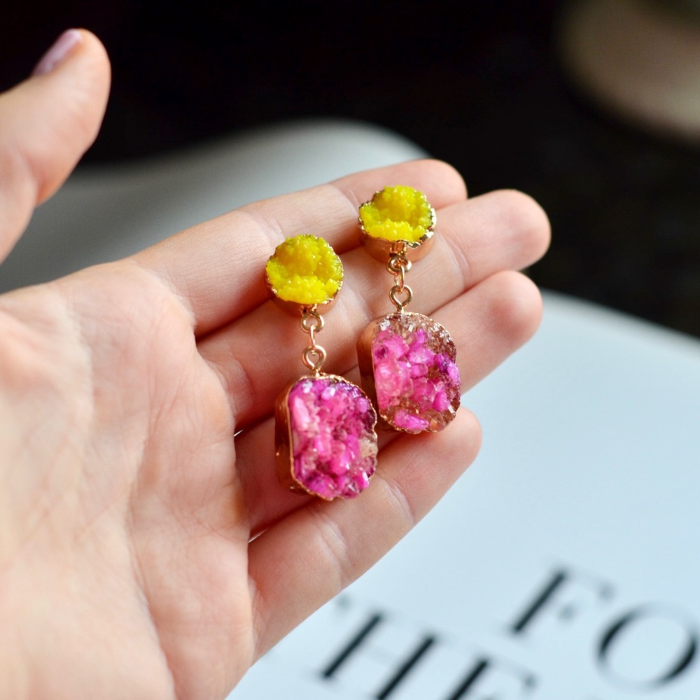 Sparkle Yellow Stone Dangle Crystal Earrings Druzy - Picture 3 of 3